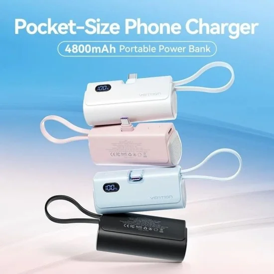 Vention Power Bank LED Display 4800mAh (USB-C + Lightning + USB-C) 22.5W Foldable USB-C Type _ Pink